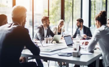 Business people sitting around a table talking in an office meeting room